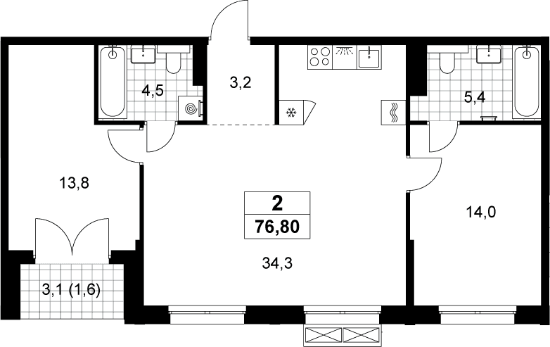 Планировка: Евротрёшка 75,2 м² в ЖК «Хольм»