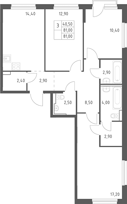 Планировка: 3-комнатная квартира 81 м² в ЖК «Химки Парк»