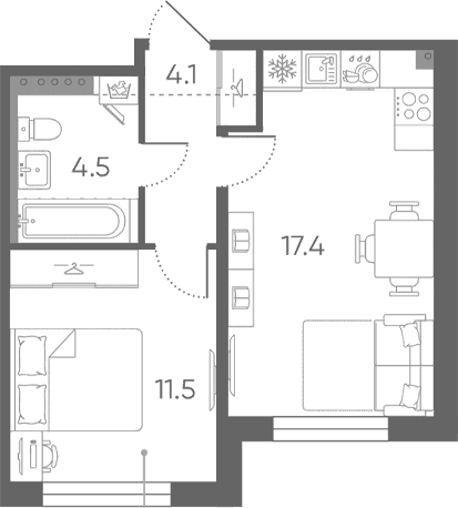 Планировка: Евродвушка 37,5 м² в ЖК «Пулково Лейк»