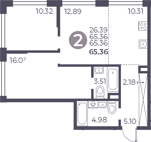 Планировка: 2-комнатная квартира 65,4 м² в ЖК «Мневники от Гранель»