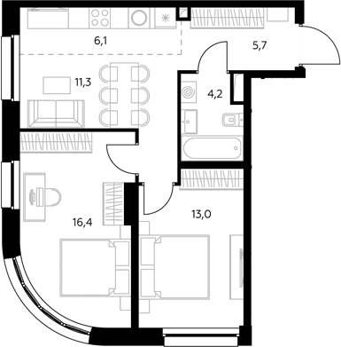 Планировка: Евротрёшка 56,9 м² в ЖК «Адмирал»