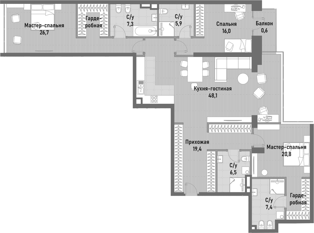 Планировка: Квартира евро-4 158,6 м² в ЖК «Ренессанс»