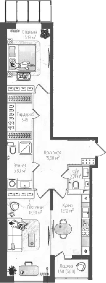 Планировка: 2-комнатная квартира 75,6 м² в ЖК «Рига Хиллс»