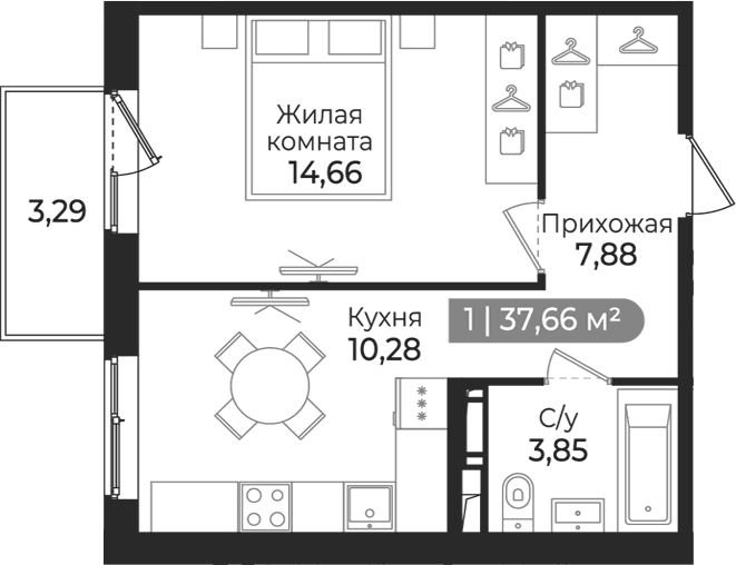 Планировка: 1-комнатная квартира 36,7 м² в ЖК «Квинта»