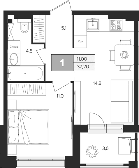 Планировка: 1-комнатная квартира 35,4 м² в ЖК «Ласточкино»