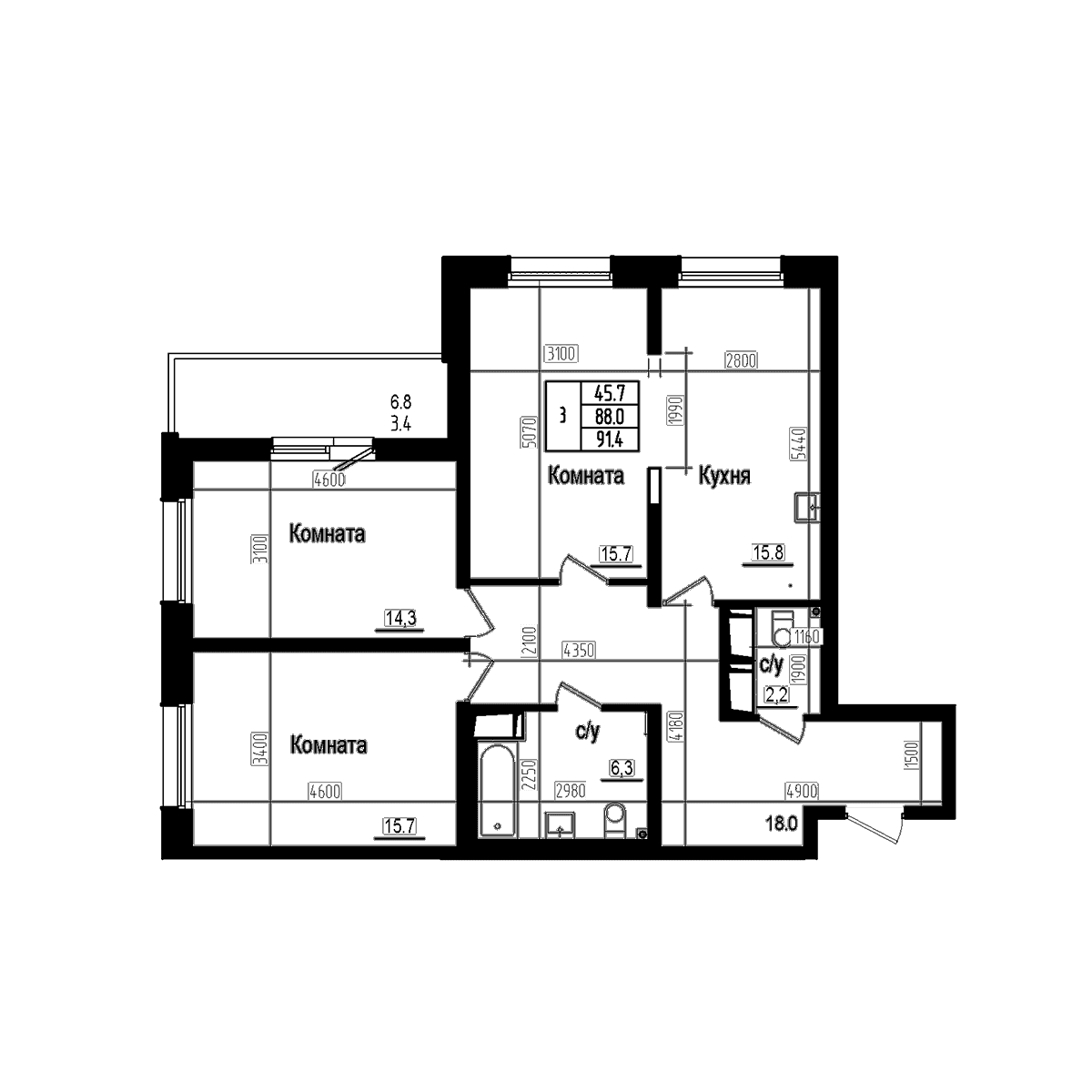 Планировка: Квартира евро-4 88 м² в ЖК «Прагма Сити»