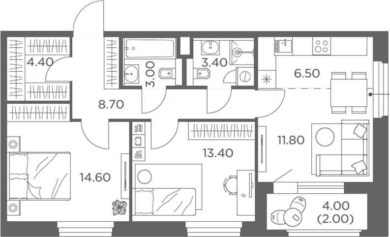 Планировка: Евротрёшка 66,2 м² в ЖК «Белый Град»