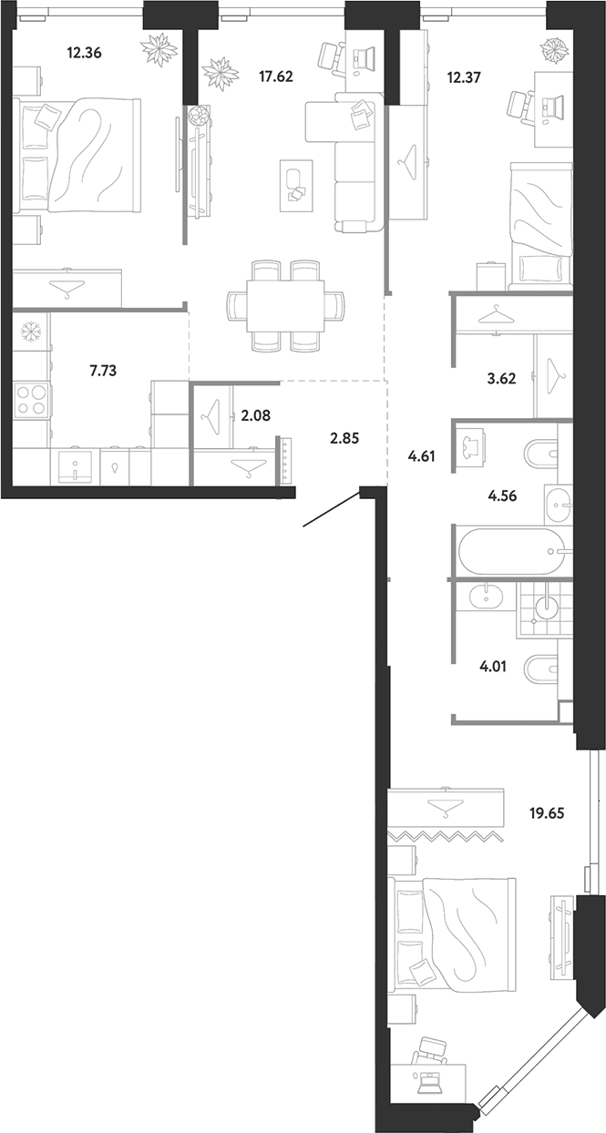Планировка: 3-комнатная квартира 91,5 м² в ЖК «Ридж»