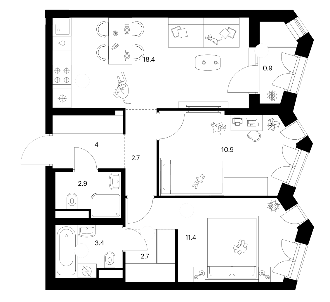Планировка: 2-комнатная квартира 56,4 м² в ЖК «Мичуринский парк»