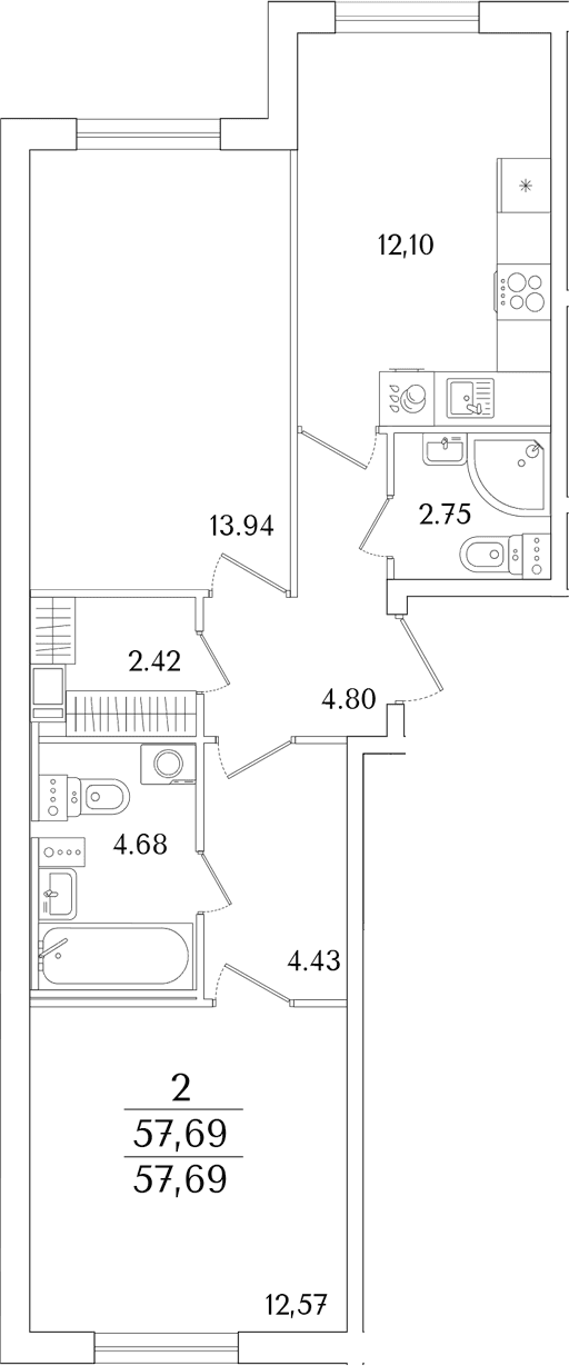 Планировка: 2-комнатная квартира 57,7 м² в ЖК «Кинопарк»