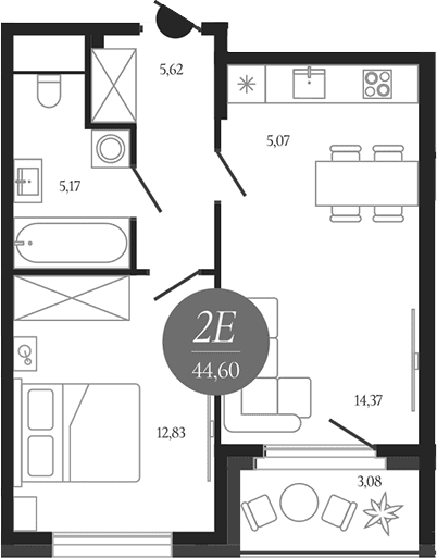 Планировка: Евродвушка 43,1 м² в ЖК «Сердце Лыткарино»