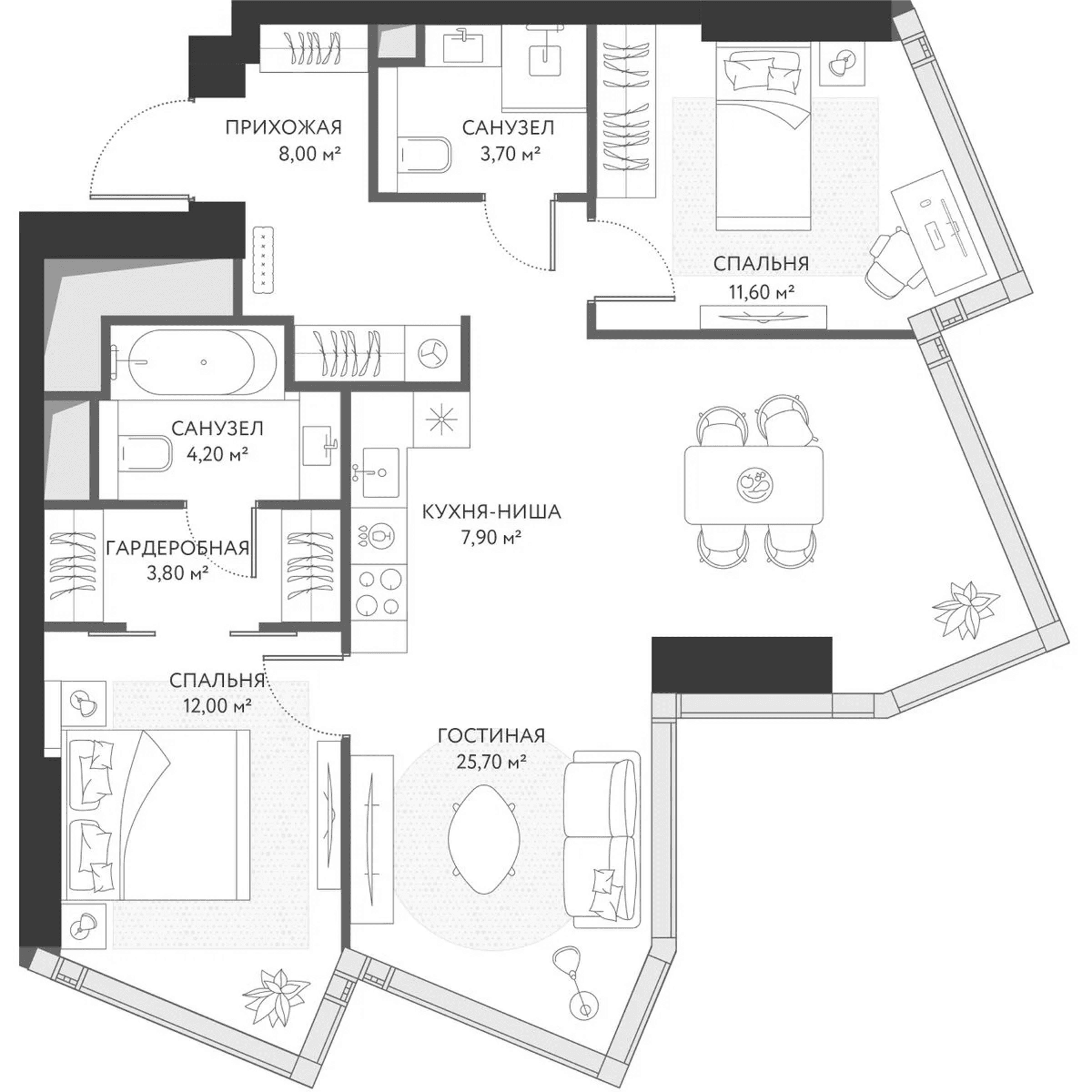 Планировка: Евротрёшка 78,6 м² в ЖК «ХАЙДАУТ»