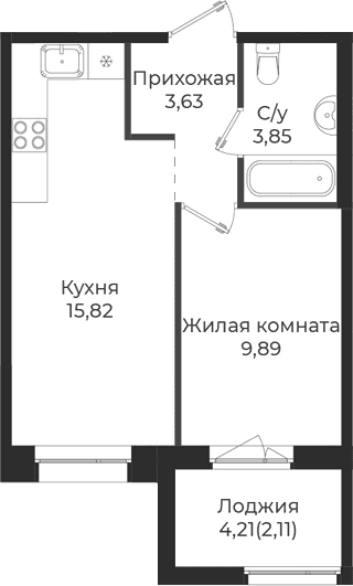 Планировка: Евродвушка 33,2 м² в ЖК «Новатория»