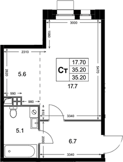 Планировка: Студия 35,2 м² в ЖК «Кореневский Форт 2.3»