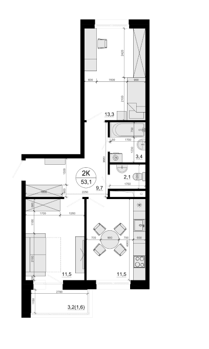Планировка: 2-комнатная квартира 51,5 м² в ЖК «Одинцовские Кварталы Эволюция»