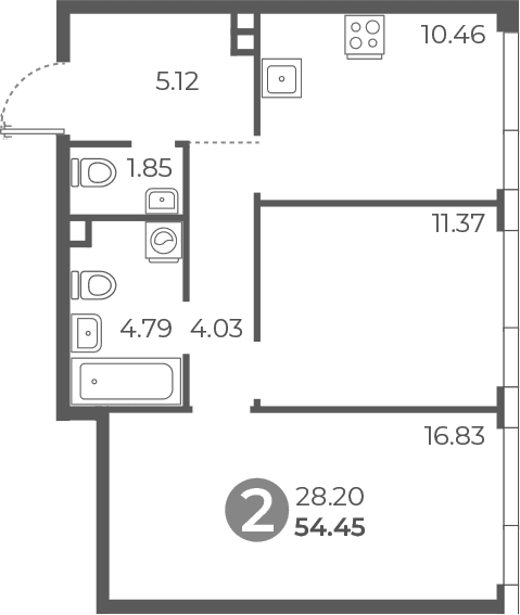 Планировка: 2-комнатная квартира 54,5 м² в ЖК «Нижегородская от Гранель»