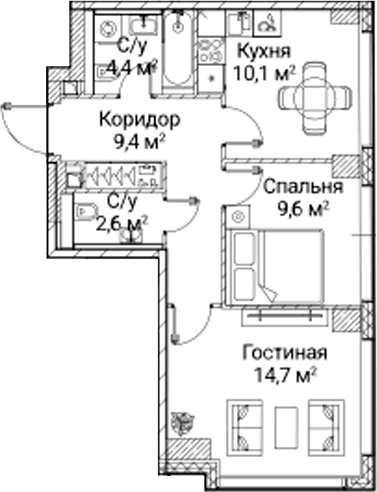 Планировка: 2-комнатная квартира 50,8 м² в ЖК «СЕЗАР БУДУЩЕЕ»