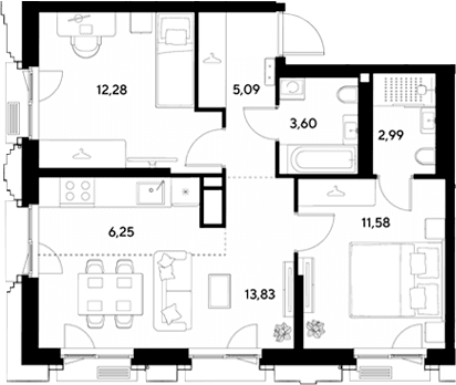 Планировка: Евротрёшка 55,6 м² в ЖК «ЭВО»