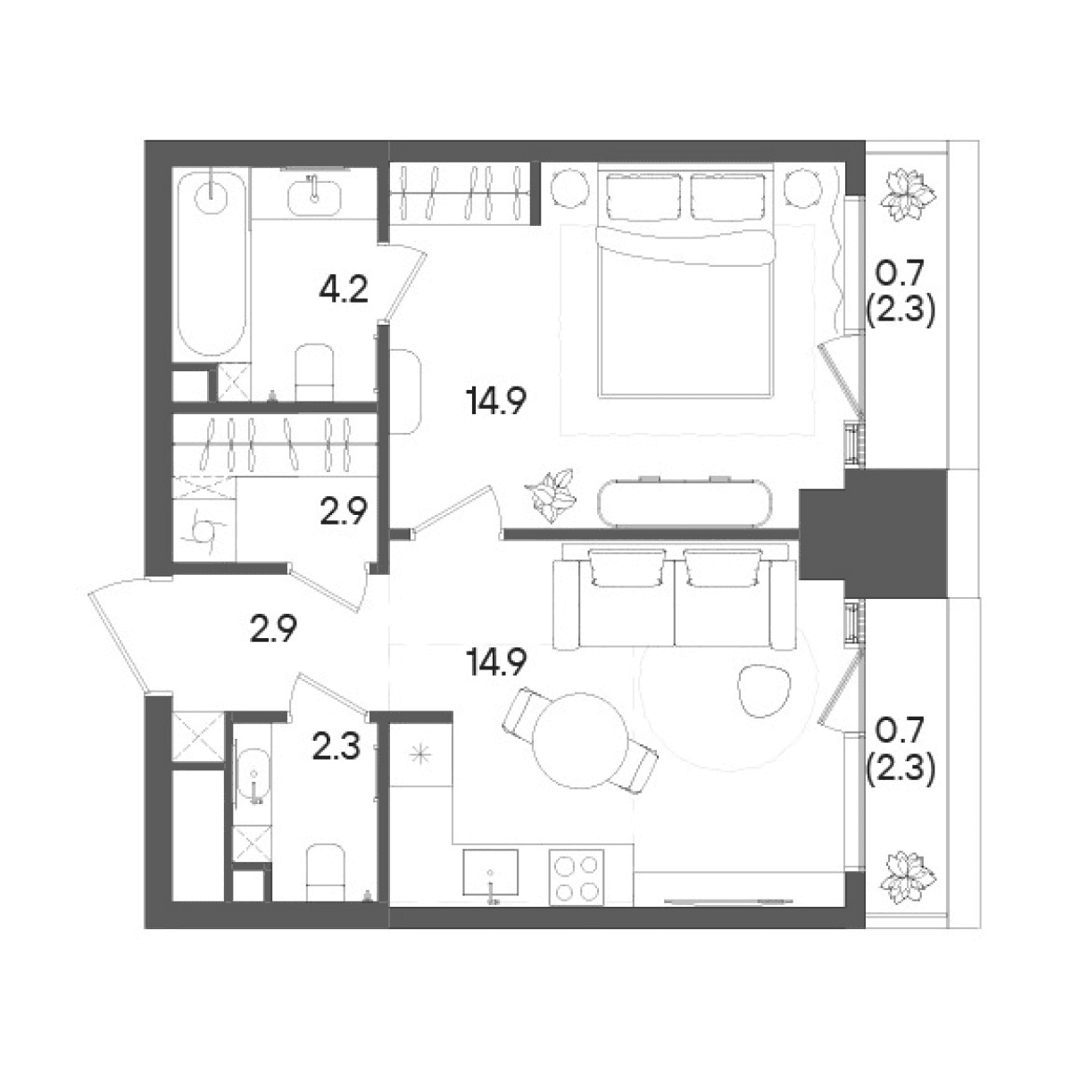 Планировка: 1-комнатная квартира 42,1 м² в ЖК «СТОУН Грэйн»