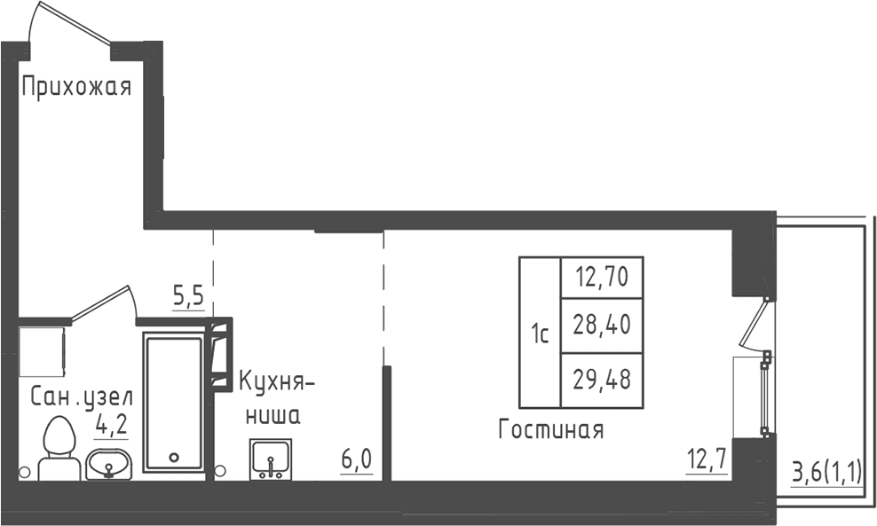 Планировка: Студия 28,4 м² в ЖК «Зеленый город»