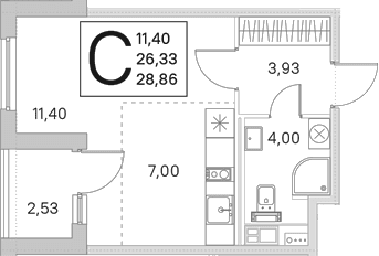 Планировка: Студия 26,3 м² в ЖК «Любоград в Стрельне»