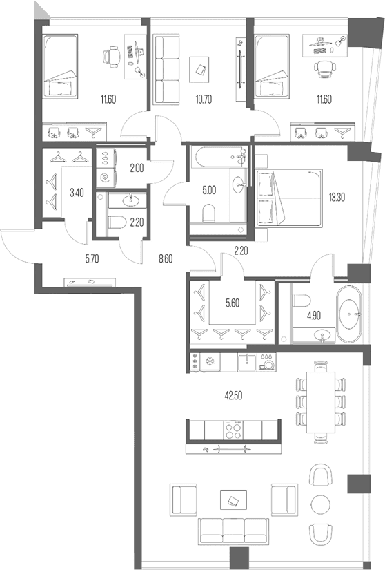 Планировка: 3-комнатная квартира 129,3 м² в ЖК «Северный Порт»