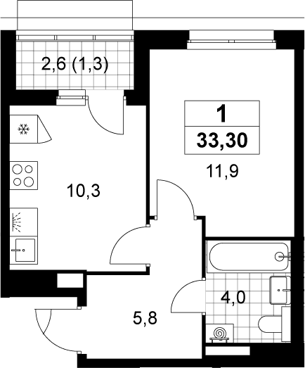 Планировка: 1-комнатная квартира 32 м² в ЖК «Деснаречье»