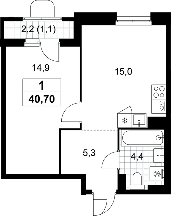 Планировка: Евродвушка 39,6 м² в ЖК «Прокшино»