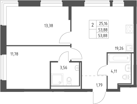 Планировка: Евротрёшка 53,9 м² в ЖК «Квартал Ивакино»