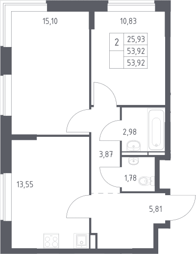 Планировка: 2-комнатная квартира 53,9 м² в ЖК «Богдановский лес»