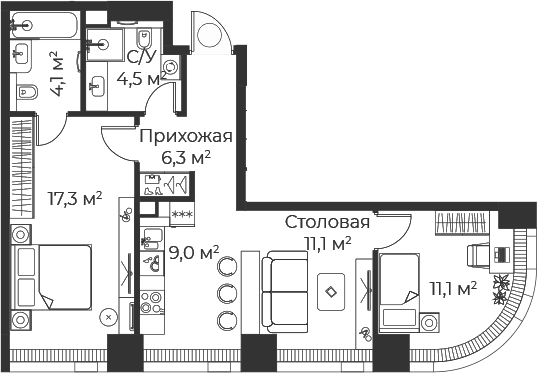 Планировка: Евротрёшка 63,4 м² в ЖК «Веер»