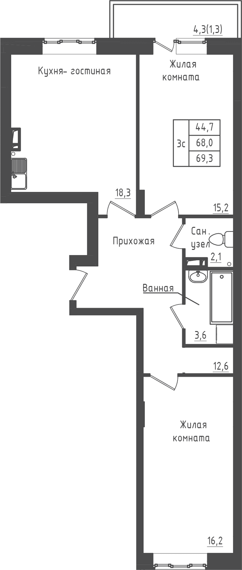 Планировка: 2-комнатная квартира 68 м² в ЖК «Зеленый город»