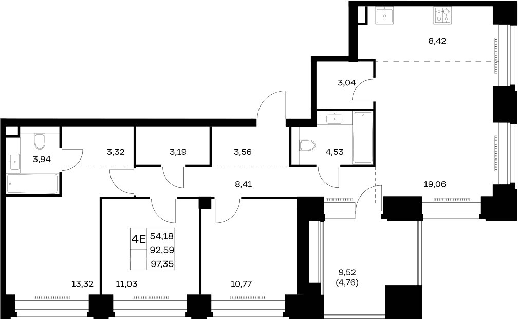 Планировка: Квартира евро-4 92,6 м² в ЖК «НОВА»
