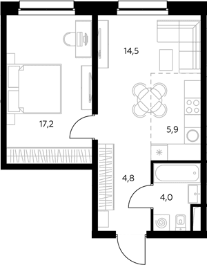 Планировка: Евродвушка 47,3 м² в ЖК «Адмирал»