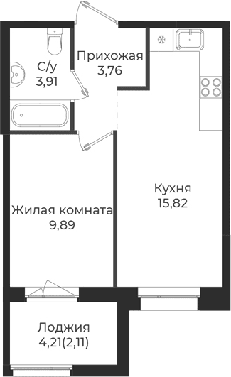 Планировка: Евродвушка 33,4 м² в ЖК «Новатория»