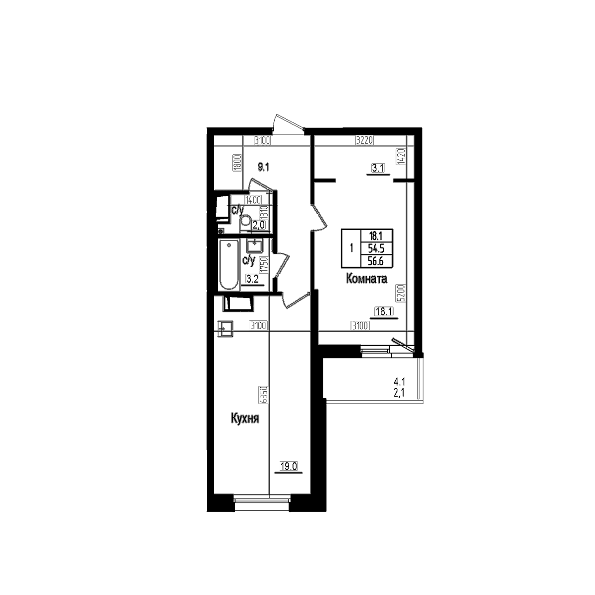 Планировка: Евродвушка 54,5 м² в ЖК «Прагма Сити»