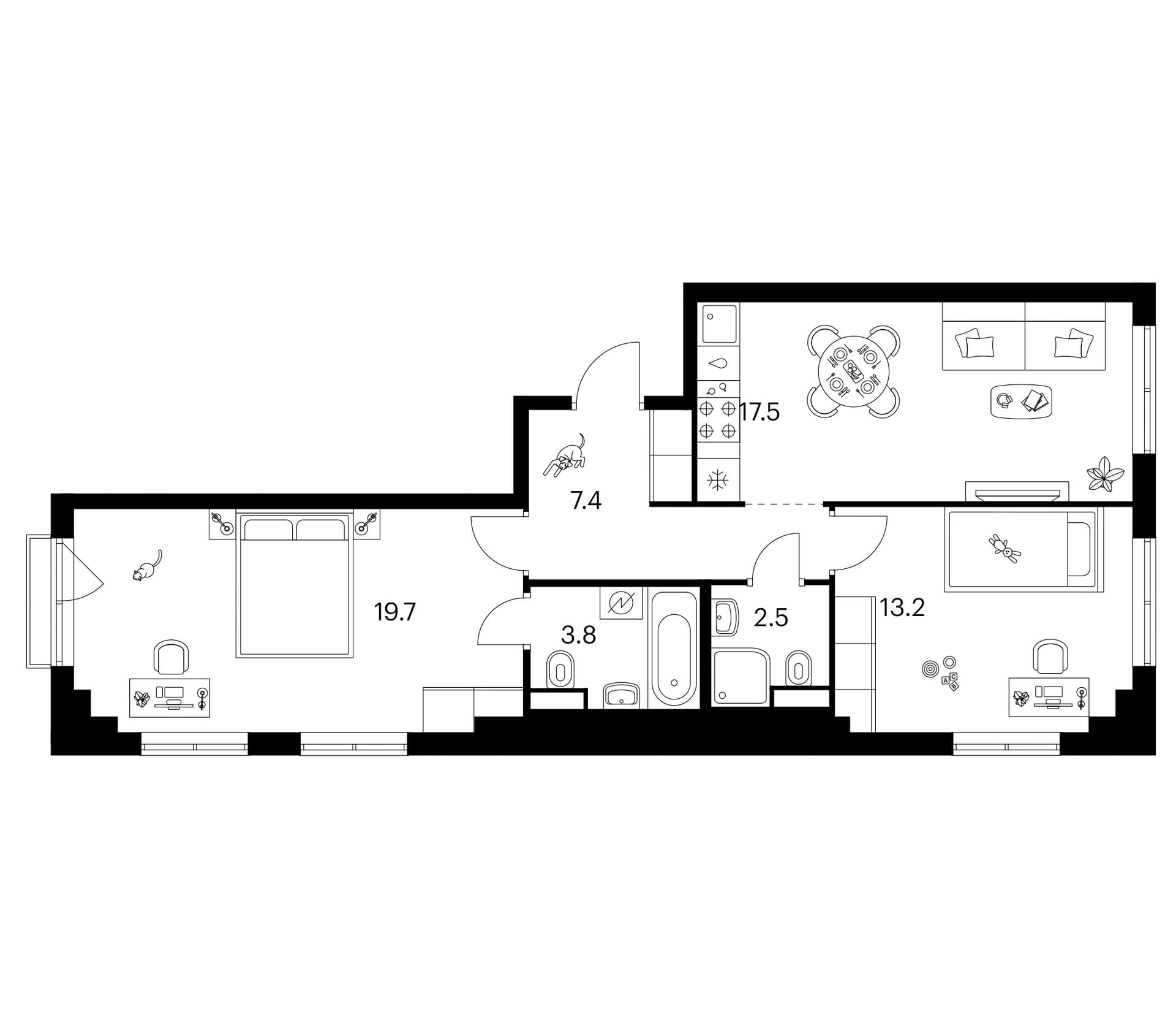 Планировка: 2-комнатная квартира 64,1 м² в ЖК «Москворечье»