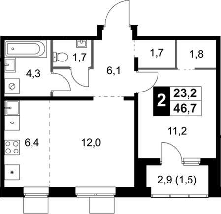 Планировка: Евродвушка 45,2 м² в ЖК «1-й Ясеневский»