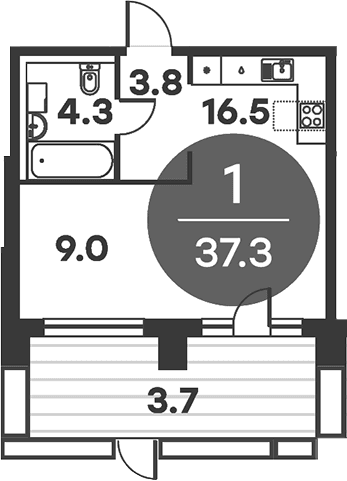 Планировка: Студия 36,5 м² в ЖК «Равновесие»