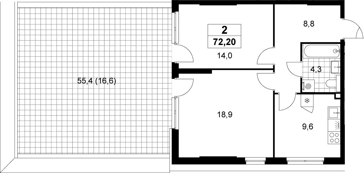 Планировка: 2-комнатная квартира 55,6 м² в ЖК «Деснаречье»