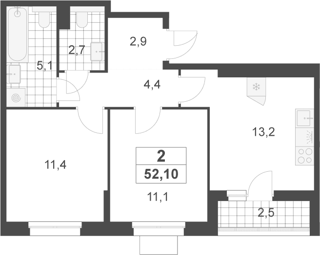 Планировка: 2-комнатная квартира 50,8 м² в ЖК «Деснаречье»