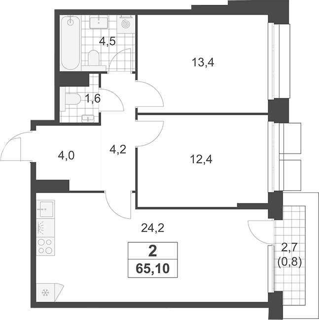 Планировка: Евротрёшка 64,3 м² в ЖК «Южные сады»