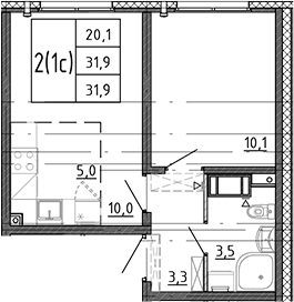 Планировка: Евродвушка 31,9 м² в ЖК «Ручьи 2»