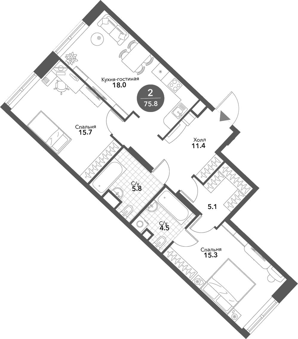 Планировка: Евротрёшка 75,8 м² в ЖК «Воксхолл»
