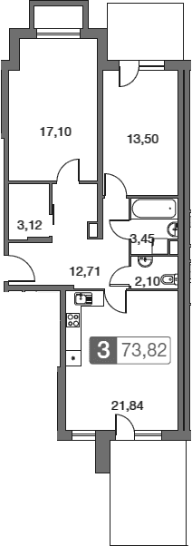 Планировка: Евротрёшка 73,8 м² в ЖК «Равновесие»