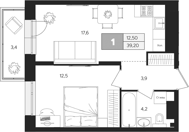 Планировка: 1-комнатная квартира 38,2 м² в ЖК «Ласточкино»