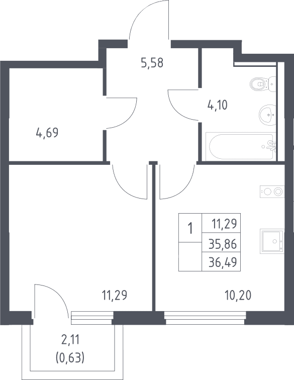 Планировка: 1-комнатная квартира 35,9 м² в ЖК «Пригород Лесное»