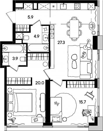 Планировка: Евротрёшка 77,7 м² в ЖК «СТОУН Грэйн»