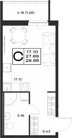 Планировка: Студия 27,7 м² в ЖК «Имена»