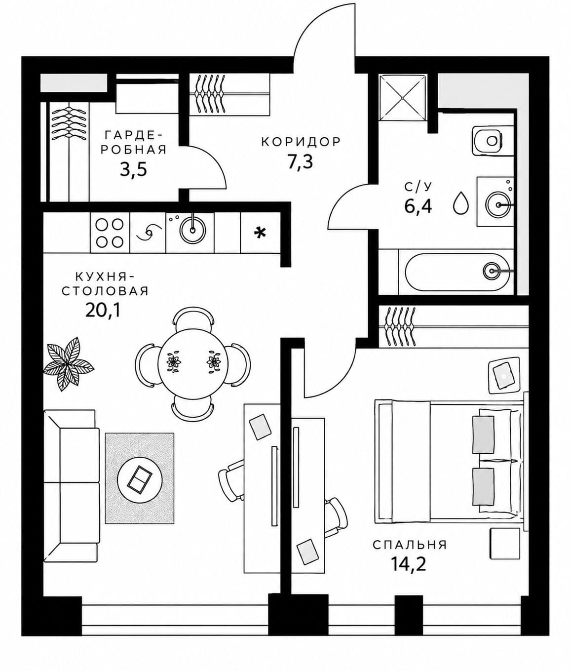 Планировка: Евродвушка 51,5 м² в ЖК «СберСити»